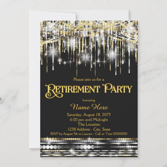 Invitation Fête de retraite Black Gold Glitter Sparkle Lights (Devant)