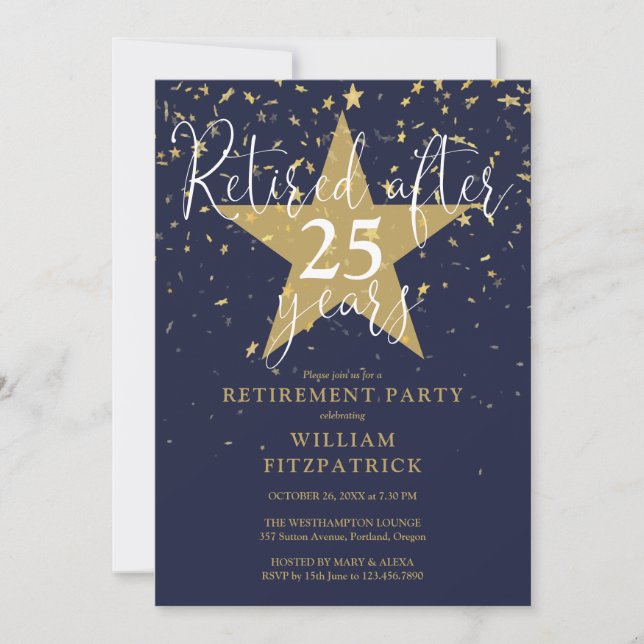Invitation Fête de retraite bleu marine et étoiles dorées (Devant)