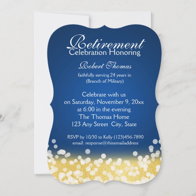 Invitation Fête de retraite Blue and Gold Sparkle (Devant)