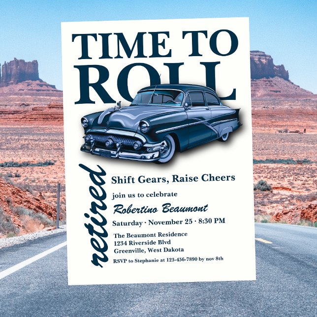 Invitation Fête de retraite Blue Classic Car Time to Roll (Créateur téléchargé)