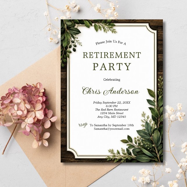 Invitation Fête de retraite botanique de verdure en bois rust (Rustic Wood Greenery Botanicals Retirement Party Invitation for him or her)