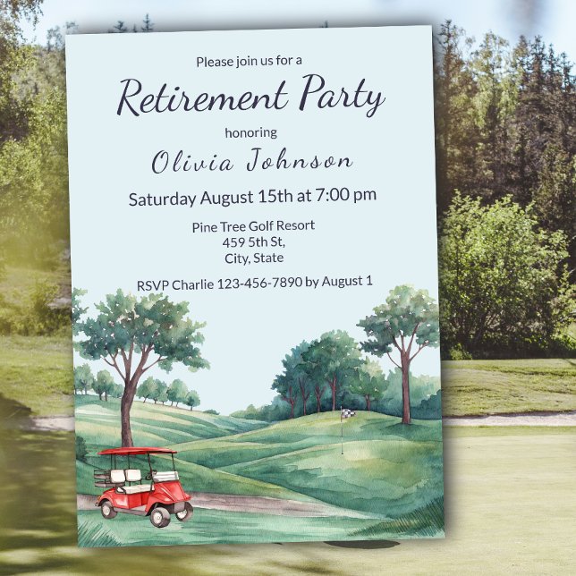 Invitation Fête de retraite chariot de golf aquarelle  (Créateur téléchargé)