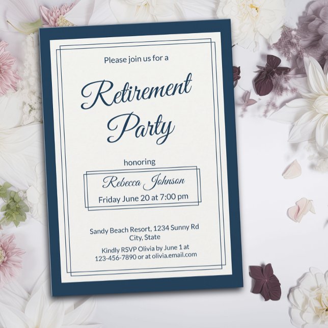 Invitation Fête de retraite Classique Simple Navy et crème (Créateur téléchargé)