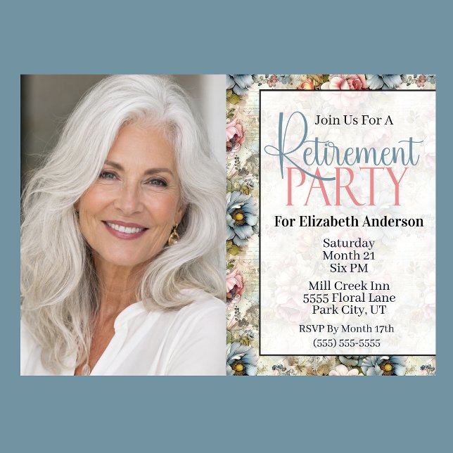 Invitation Fête de retraite Collage Floral Élégant (Vintage floral retirement party invitation with watercolor flowers and romantic botanical design
)