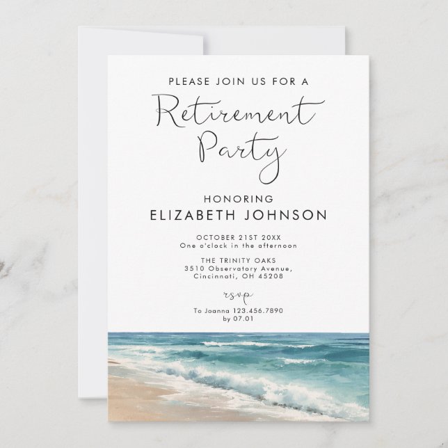 Invitation Fête de retraite côtière plage océan aquarelle (Devant)