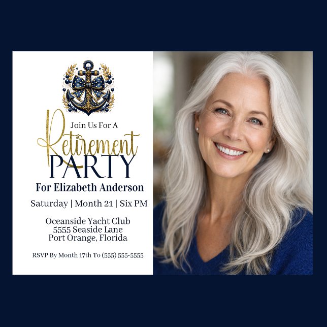 Invitation Fête de retraite d'ancre nautique bleue et or (Nautical blue and gold anchor retirement party invitation with photo elegant seaside theme
)