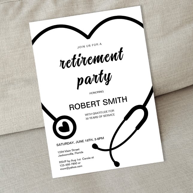 Invitation Fête de retraite de la santé avec stéthoscope mode (Modern Stethoscope Healthcare Retirement Party Invitation)