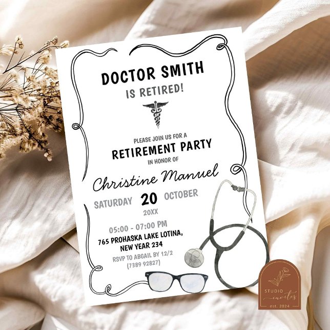 Invitation Fête de retraite de médecin dessinée à la main (Créateur téléchargé)