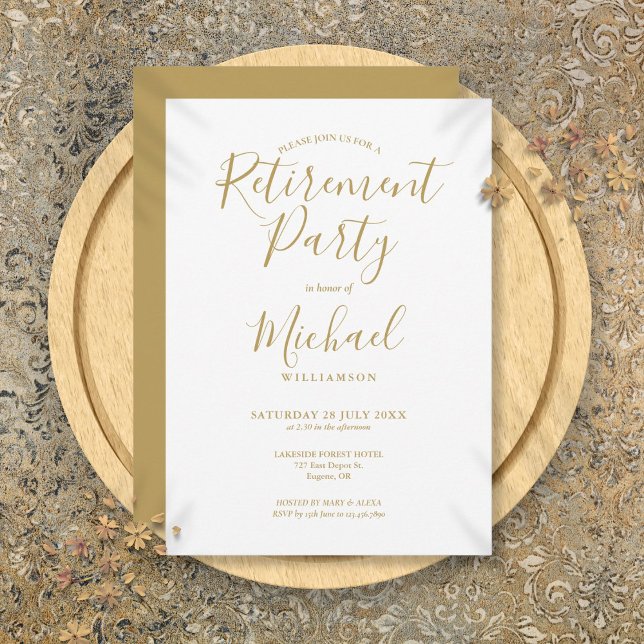 Invitation Fête de retraite de script or élégant (Elegant Gold Script Retirement Party Invitation)