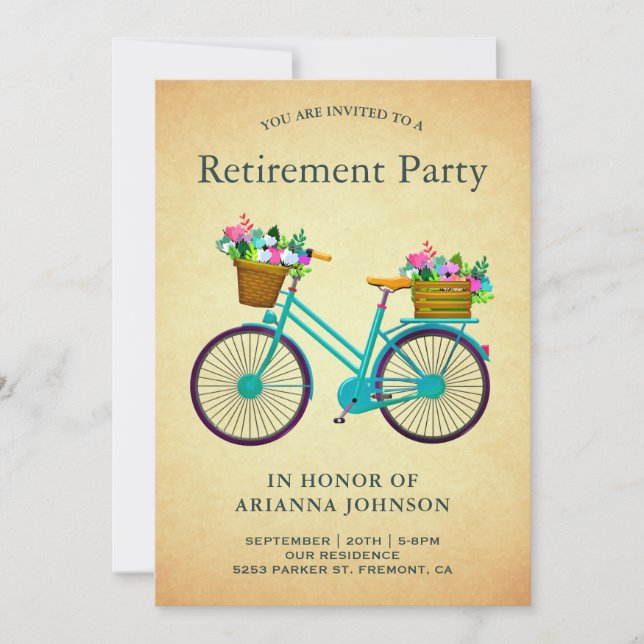 Invitation Fête de retraite de vélo floral sarcelle rétro vin (Devant)