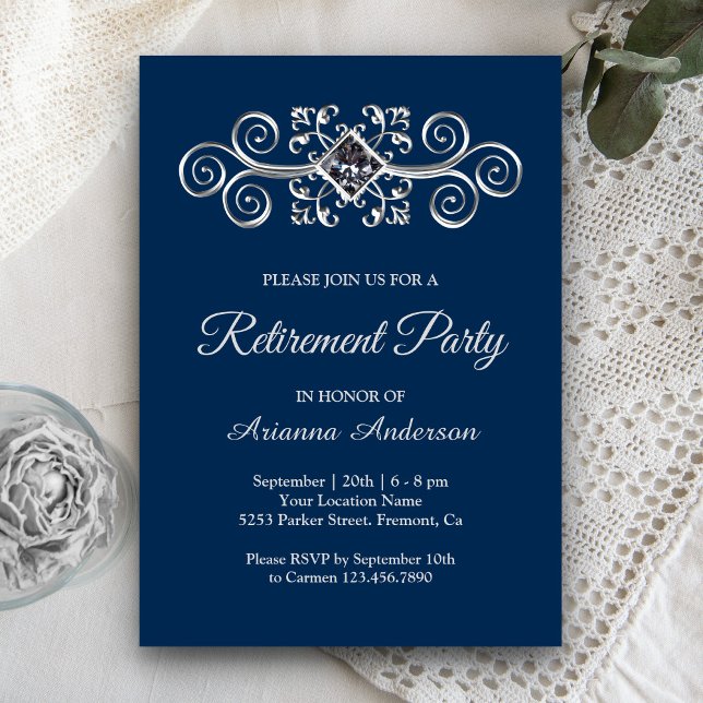 Invitation Fête de retraite diamantée avec motif argenté sur  (Créateur téléchargé)