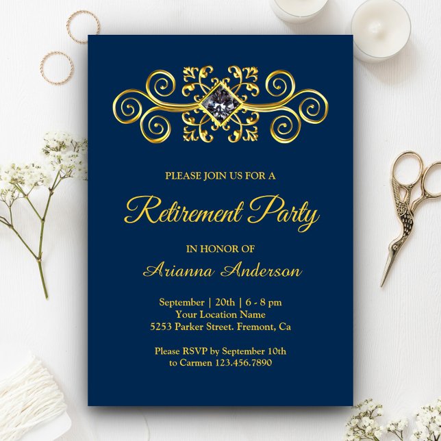 Invitation Fête de retraite diamantée avec motif doré sur fon (Créateur téléchargé)