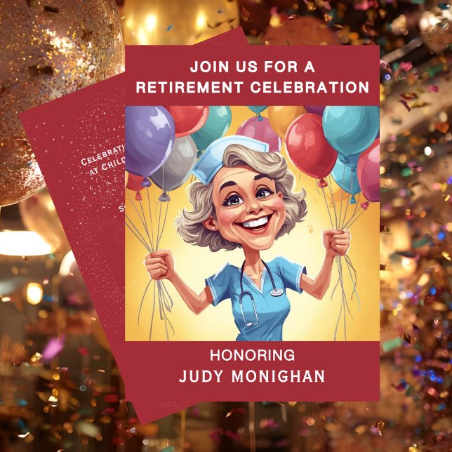 Invitation Fête de retraite drôle caricature d'infirmière (Funny Retirement Nurse Caricature Invitation)
