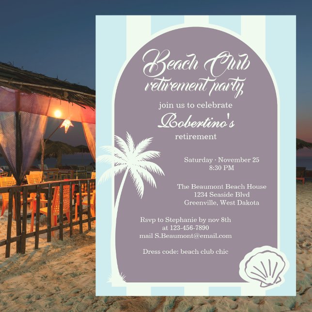 Invitation Fête de retraite du Chic Coastal Stripe Beach Club (Créateur téléchargé)