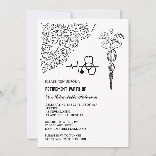 Invitation Fête de retraite du médecin Caducée Stéthoscope (Devant)