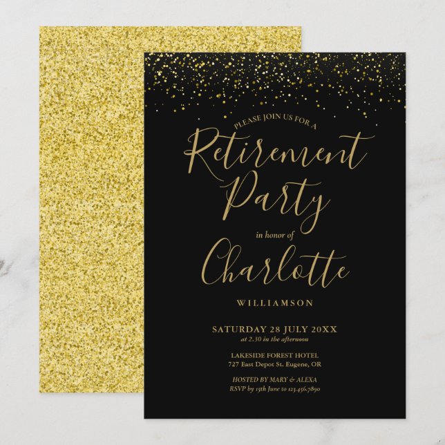 Invitation Fête de retraite écriture paillettes noir et or (Devant / Derrière)