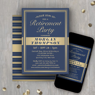 Invitation Fête de retraite élégant bleu marine et or script