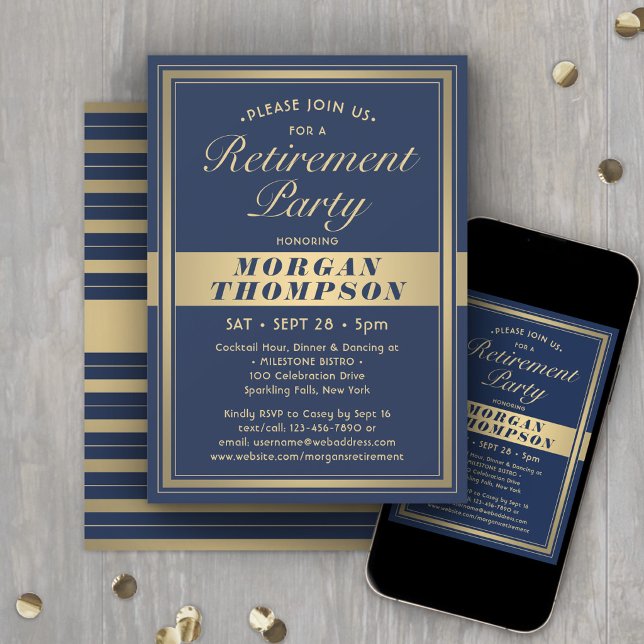 Invitation Fête de retraite élégant bleu marine et or script (Créateur téléchargé)