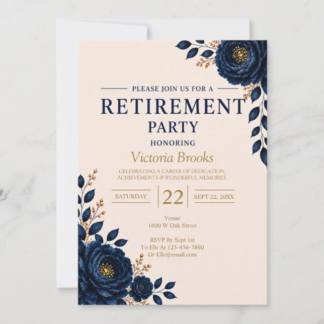 Invitation Fête de retraite élégante aux fleurs bleues (Devant)