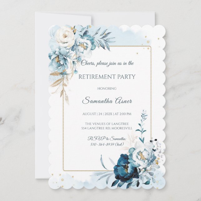 Invitation Fête de retraite élégante aux fleurs bleues (Devant)