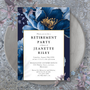 Invitation Fête de retraite élégante aux fleurs bleues marine