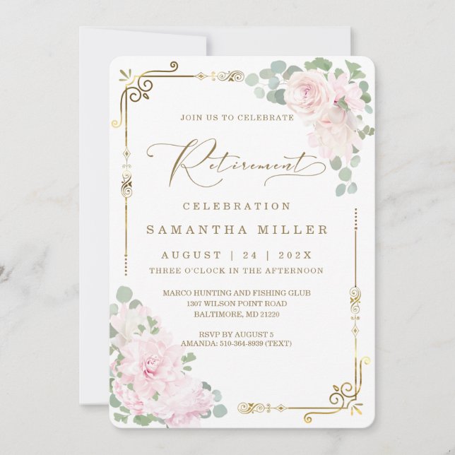 Invitation Fête de retraite élégante aux fleurs roses (Devant)