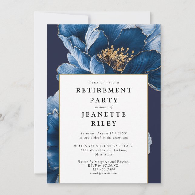 Invitation Fête de retraite élégante avec fleurs bleues marin (Devant)