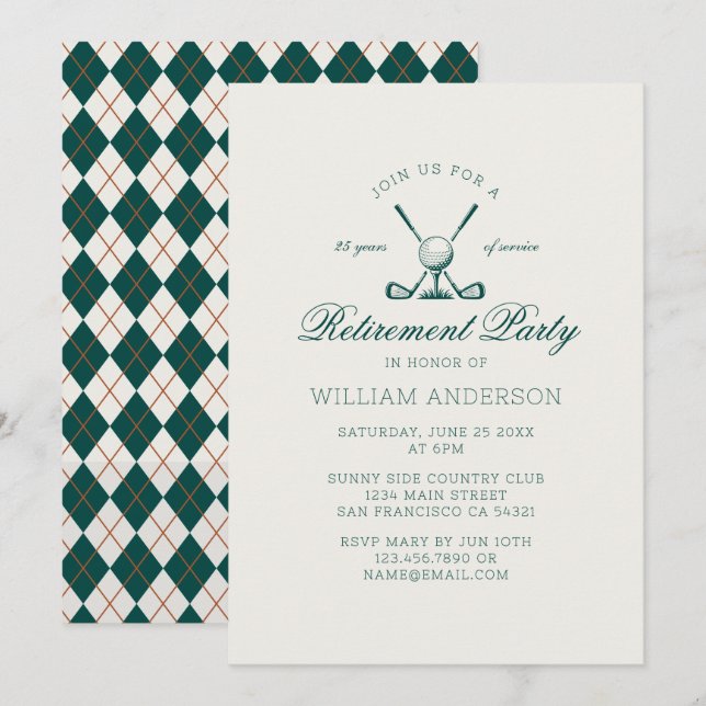 Invitation Fête de retraite élégante classique vert de golf (Devant / Derrière)