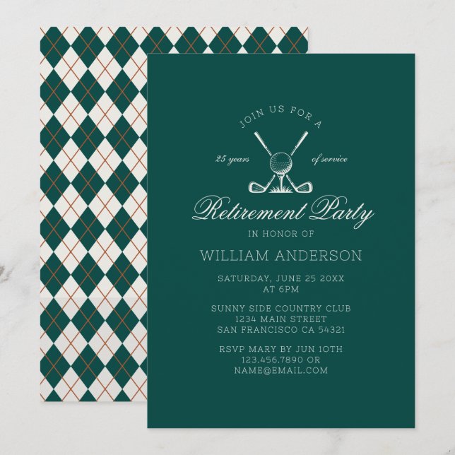 Invitation Fête de retraite élégante classique vert de golf (Devant / Derrière)