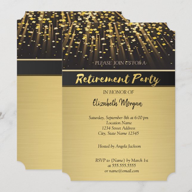 Invitation Fête de retraite élégante confettis or (Devant / Derrière)