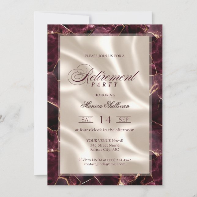 Invitation Fête de retraite élégante en marbre rubis (Devant)