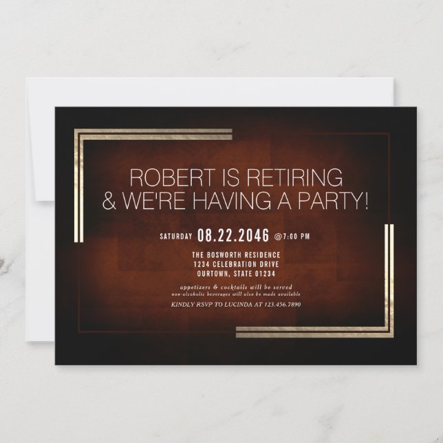 Invitation Fête de retraite élégante et chic chocolat/or (Devant)