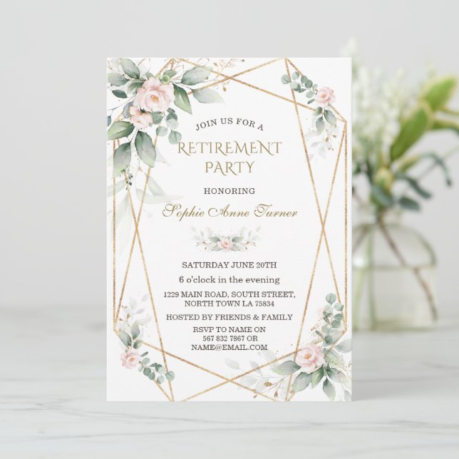 Invitation Fête de retraite élégante fleurs roses verdure dor (Debout devant)