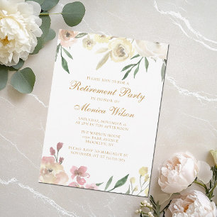 Invitation Fête de retraite élégante florale Écriture dorée