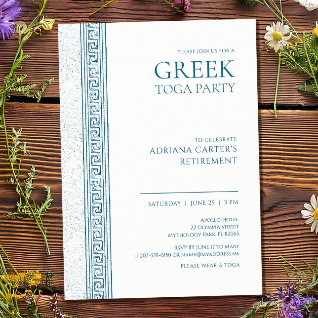 Invitation Fête de retraite élégante grecque en bleu (Créateur téléchargé)