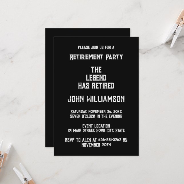 Invitation Fête de retraite élégante noir et blanc (Devant/Arrière en situation)