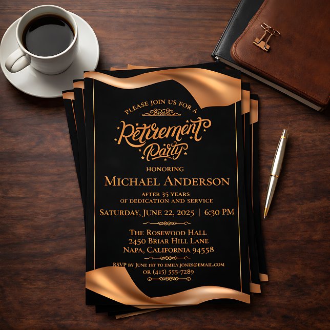 Invitation Fête de retraite élégante noir et or (Créateur téléchargé)