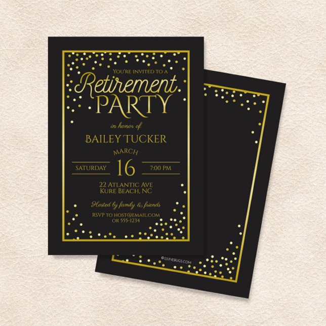 Invitation Fête de retraite élégante noire et dorée (Créateur téléchargé)