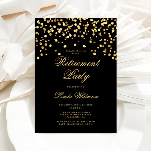 Invitation Fête de retraite élégante noire et or (Créateur téléchargé)