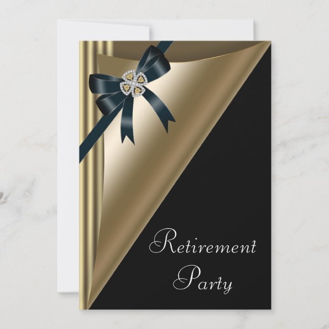 Invitation Fête de retraite élégante noire or diamant pour fe (Devant)