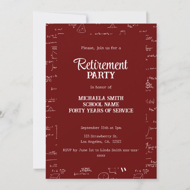 Invitation Fête de retraite élégante rouge bordeaux pour prof (Devant)