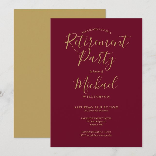 Invitation Fête de retraite élégante script burgundy et or (Devant / Derrière)