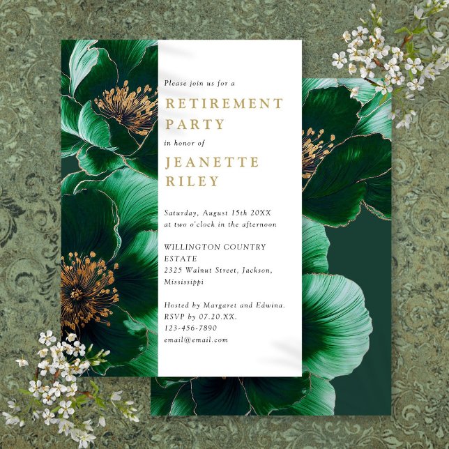 Invitation Fête de retraite élégante verte et dorée florale (Elegant Green And Gold Floral Retirement Party Invitation)
