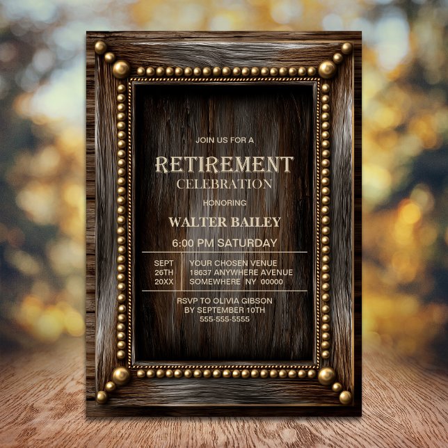 Invitation Fête de retraite en bois rustique (Créateur téléchargé)