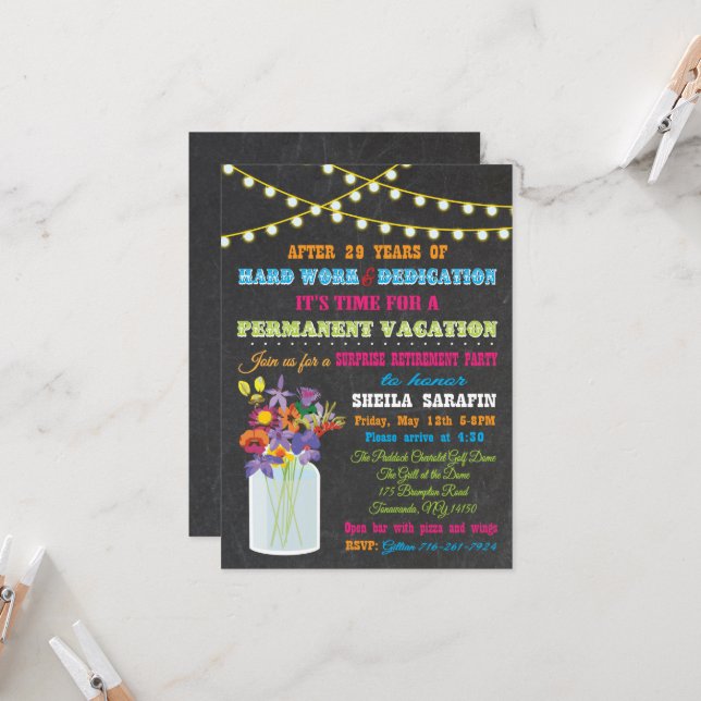 Invitation Fête de retraite en tableau noir avec fleurs de bo (Devant/Arrière en situation)