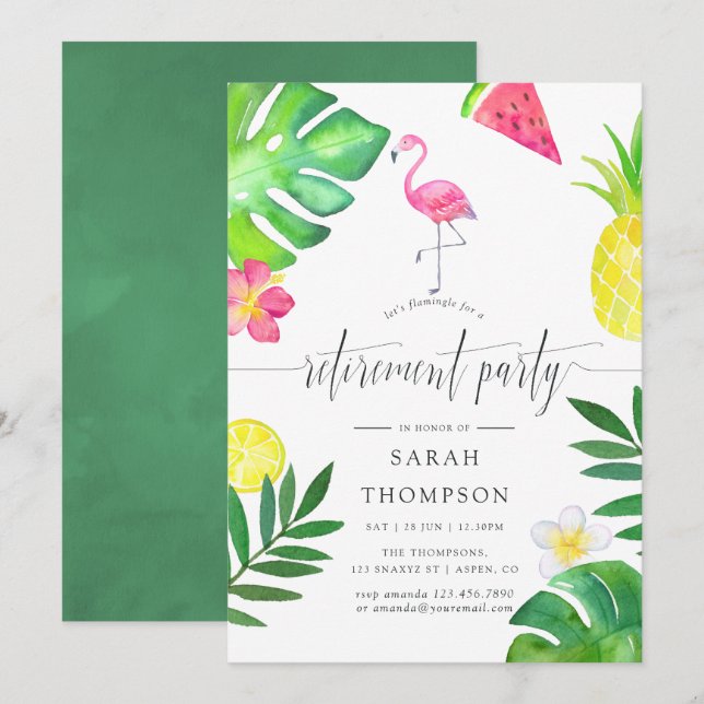 Invitation Fête de retraite exotique tropicale Flamant Rose (Devant / Derrière)
