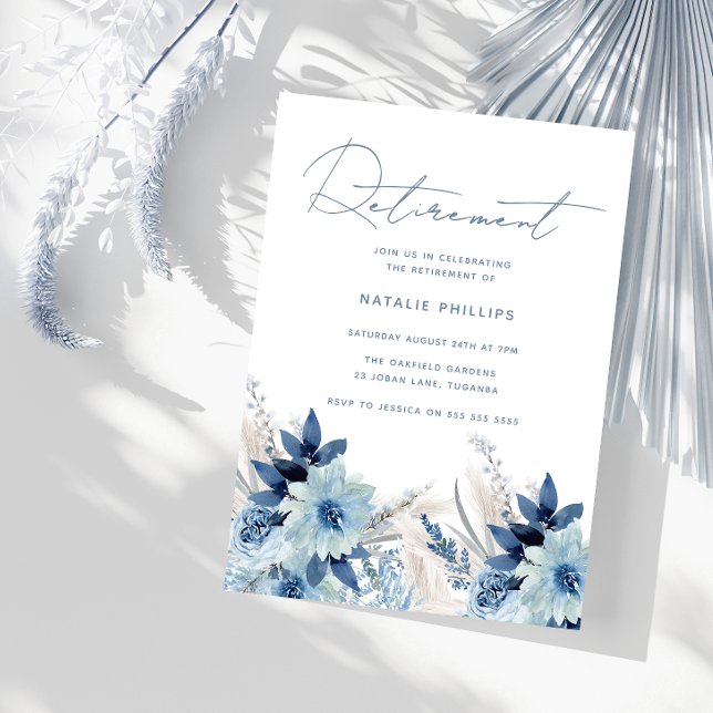 Invitation Fête de retraite Fleurs aquarelles bleu poussiéreu (Créateur téléchargé)
