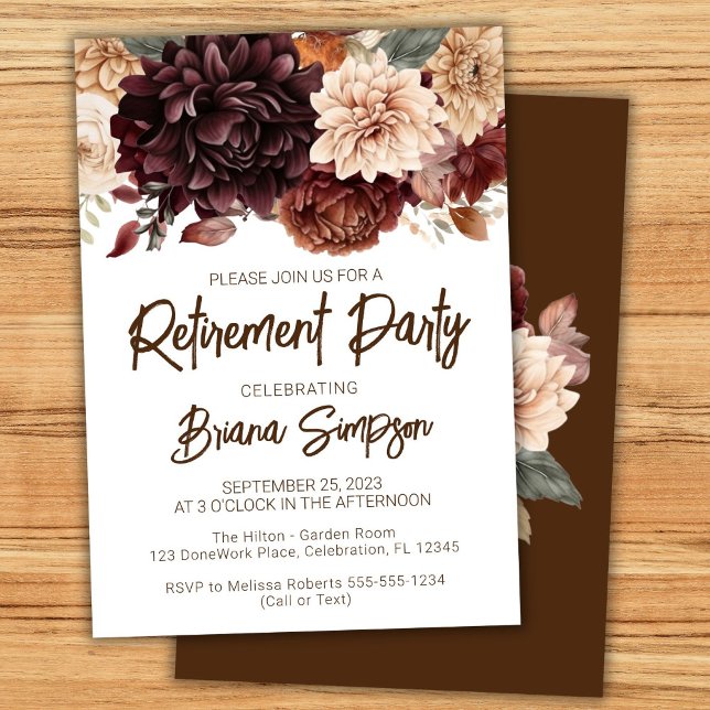 Invitation Fête de retraite Fleurs Beige Marron Floral (Créateur téléchargé)