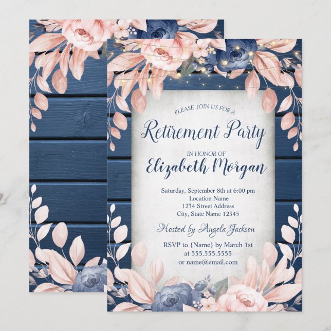 Invitation Fête de retraite Fleurs Bleues en Bois (Devant / Derrière)