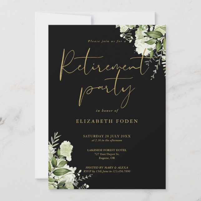 Invitation Fête de retraite fleurs vertes noir et or (Devant)